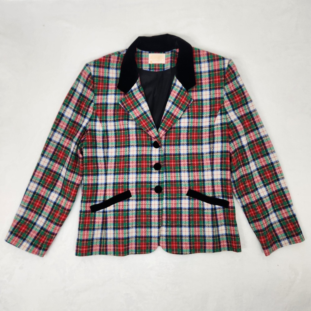 Pendleton Vintage Wool Plaid Blazer Velvet Collar Red Green Tartan Jacket Sz 18